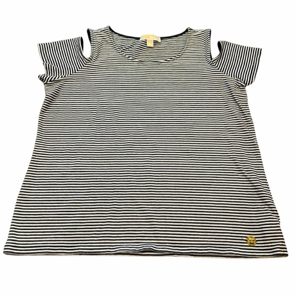 Michael Kors Cold Shoulder Short Sleeved Top Size XL Black White Striped